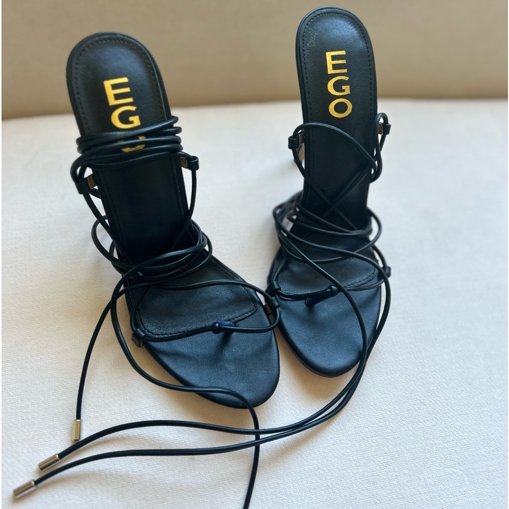 EGO Strappy Lace Up Square Toe Heel In Black Faux Leather